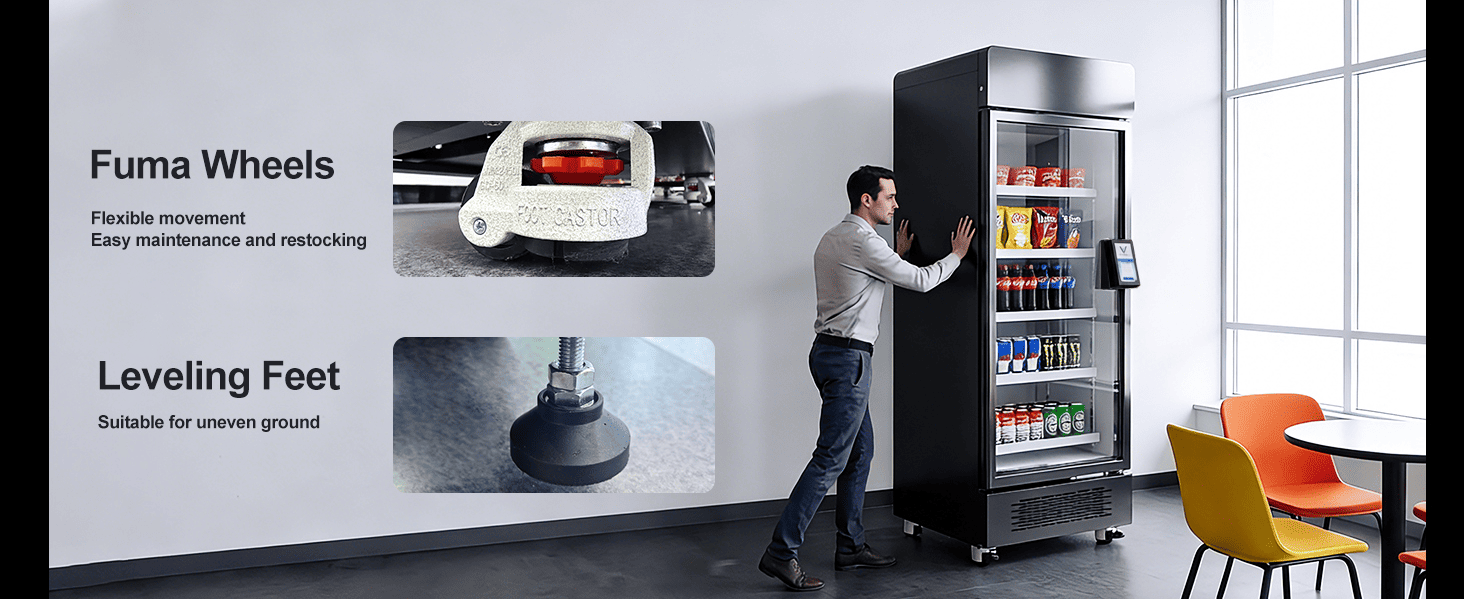 AFEN AI Vending Machine Mobility and Stability Industrial-grade mobility featuring heavy-duty Fuma wheels for stable deployment in commercial spaces